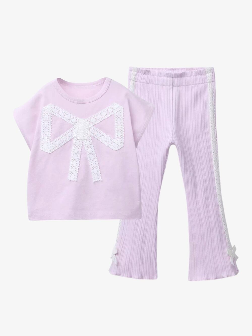 Zara Lace Ribbon Bow Tee and Side Stripe Tie Flare Pants, Size 5 (110 cm), Mauve